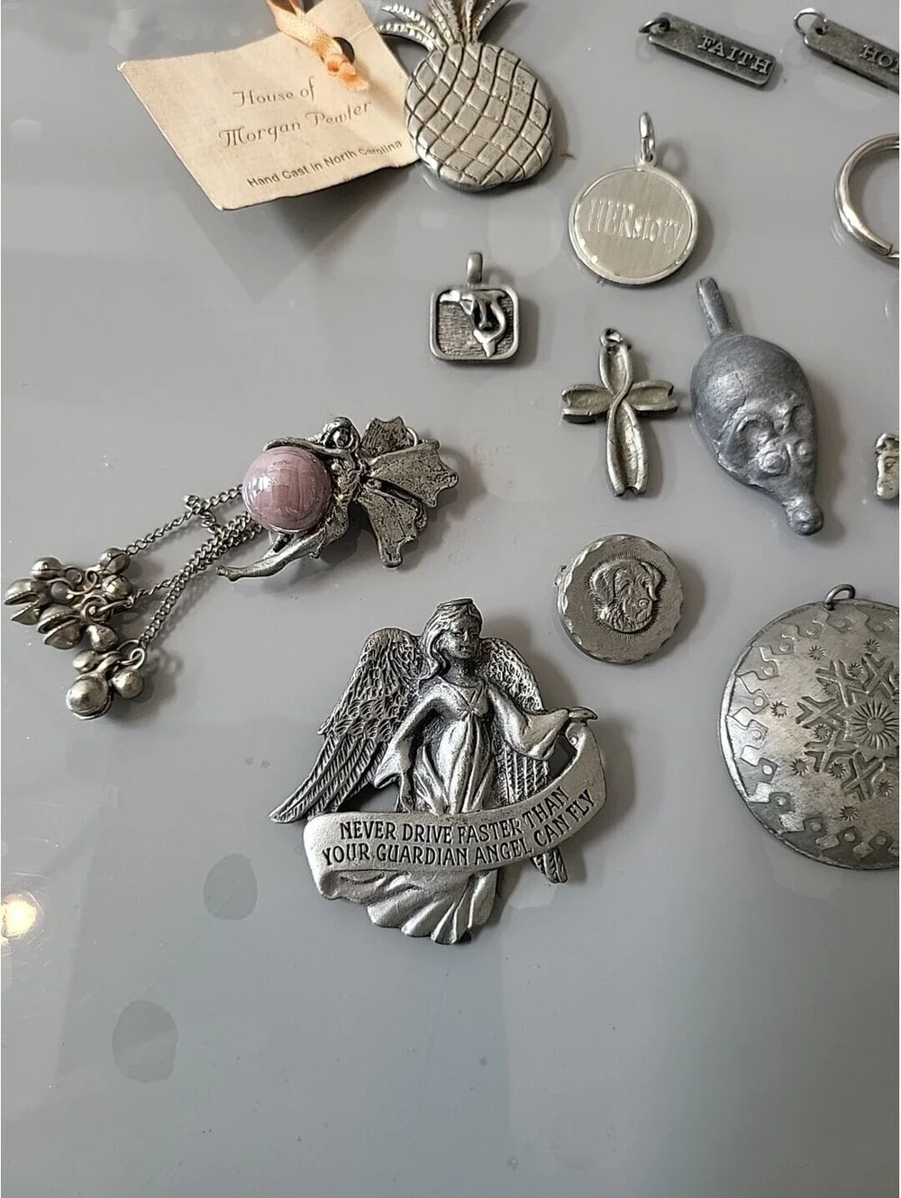 Vintage Signed Pewter Pcs Lot Of Charms Keychain Pin Chain See Up Close Pics